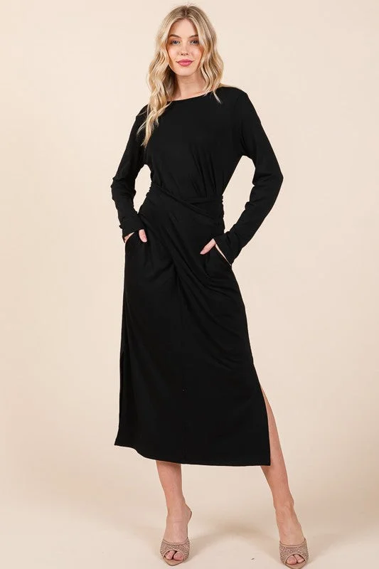 End - Of - Month Blowout Waist Wrap Dress-with Pockets-SOLID