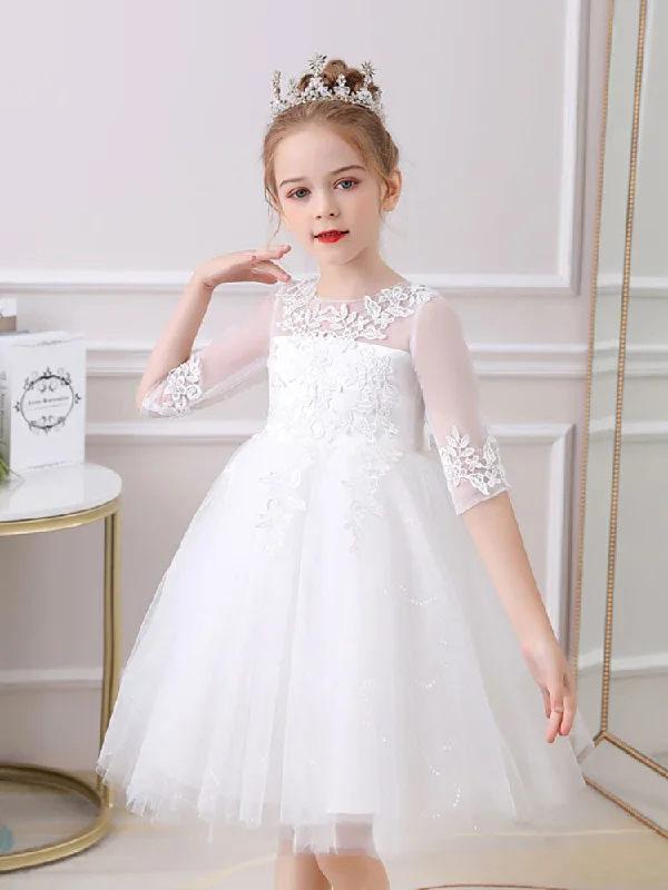 Limited Styles White Jewel Neck 3/4 Length Sleeves Tulle Polyester Cotton Flowers Formal Kids Pageant flower girl dresses