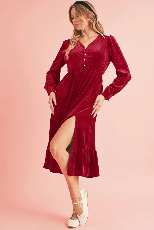 Elegant Style Racing Red Velvet Buttoned Puff Sleeve V Neck Split Midi Dress