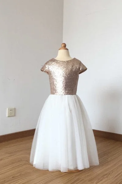 Final Clearance Rose-gold Sequin Flower Girl Dress with Tulle Skirt