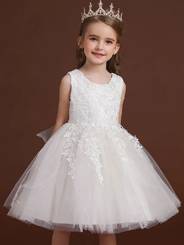 Chic Style White Jewel Neck Cotton Sleeveless Short A-Line Embroidered flower girl dresses