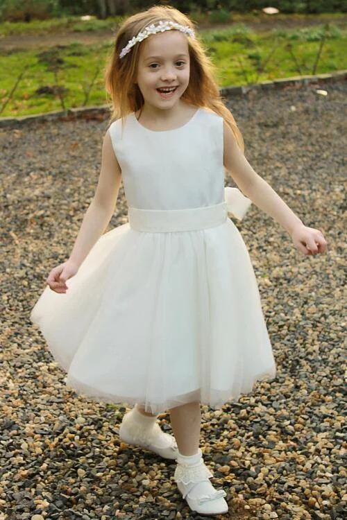 Parisian Effortless Chic Style Satin and Tulle Tea-length Ivory Flower Girl Dress with Ribbon Belt