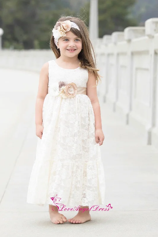 Grab Romantic Date - Night Styles Now Scoop Neck Ankle Length Ivory Lace Baby Girl Dresses with Flower Belt