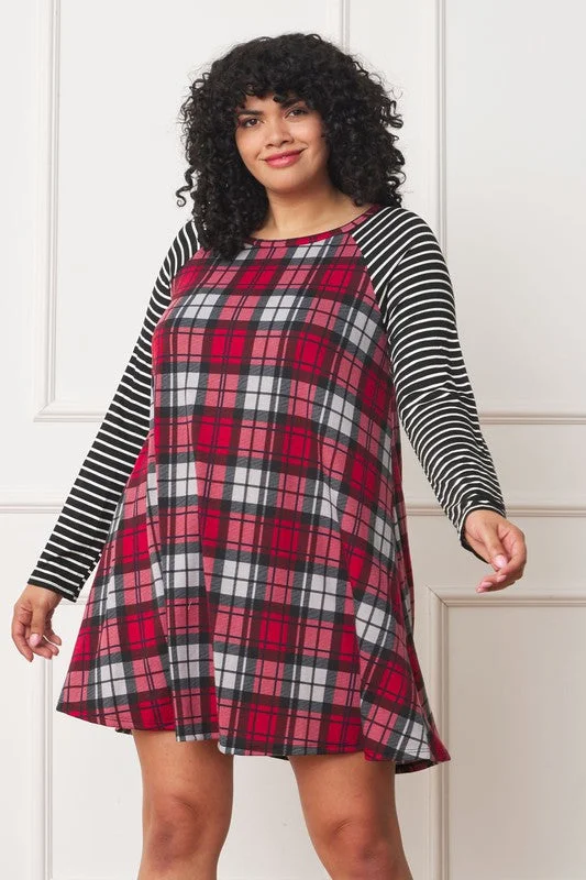 Final Clearance Plus Stripe Sleeve A- Line Mini Dress