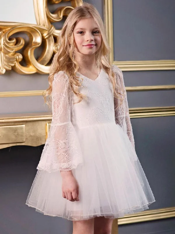 Pastel Styles White V-Neck Long Sleeves Polyester Kids Social Party Dresses