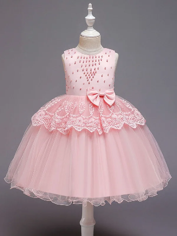 Wardrobe Refresh Jewel Neck Tulle Sleeveless Short Princess Bows Formal Kids Pageant flower girl dresses