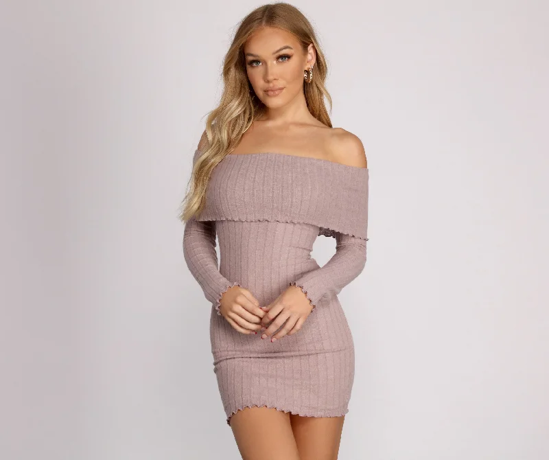 Final Clearance Off The Shoulder Charming Brushed Knit Mini Dress